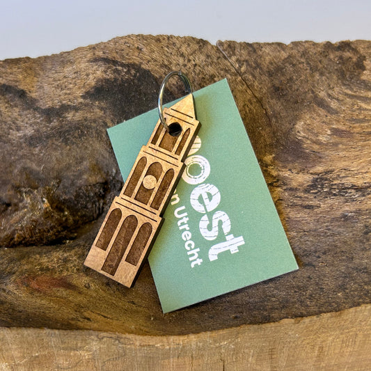 Sleutelhanger Domtoren van Rode Beuk (Wilhelminapark), hout met historie, handgemaakt.