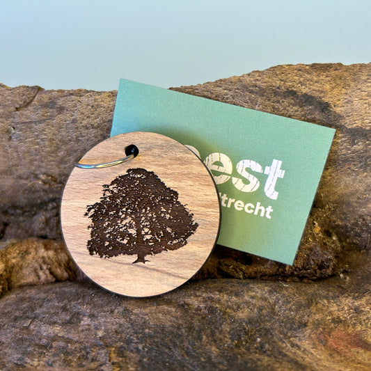 Houten sleutelhanger Rode Beuk (Wilhelminapark Utrecht), lokaal stadshout met gravure