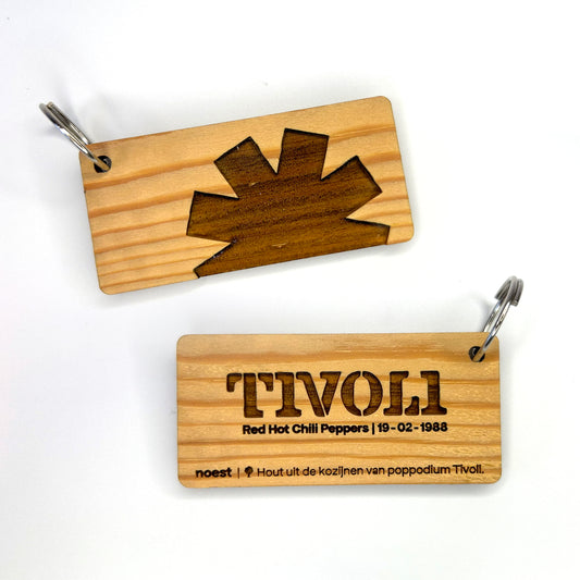 Houten sleutelhanger Tivoli “Red Hot Chili Peppers”, uit zaalhout gesneden – uniek duurzaam