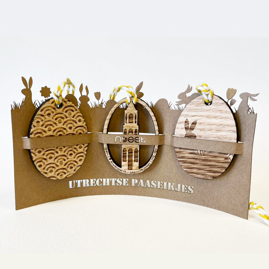 Set van 3 houten Paaseikjes (Paaseieren) met Utrecht-thema, gemaakt van lokaal stadshout.